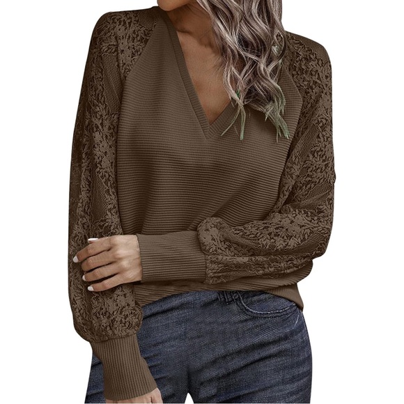 V-Neck NWOT Lace Raglan Long Sleeve Shirt Brown Textured Pit to Pit 19” Size M - Picture 1 of 10